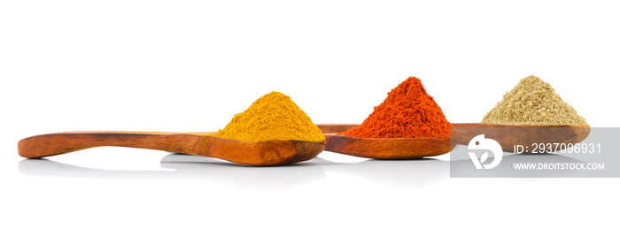 Indian Spices in Wooden Spoons Also Know as Red Chilli Powder, Turmeric Powder, Coriander Powder, Mi