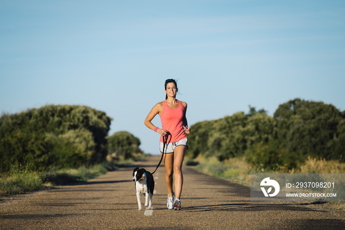 夏日日落时，运动型的女人和狗一起在乡间小路上奔跑。快乐的女运动员训练