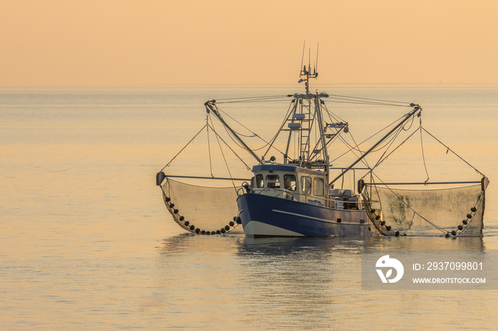 Fischkutter mit ausgelegten Netzen im Abendlicht, Büsum, Nordsee, Schleswig-Holstein, Deutschland