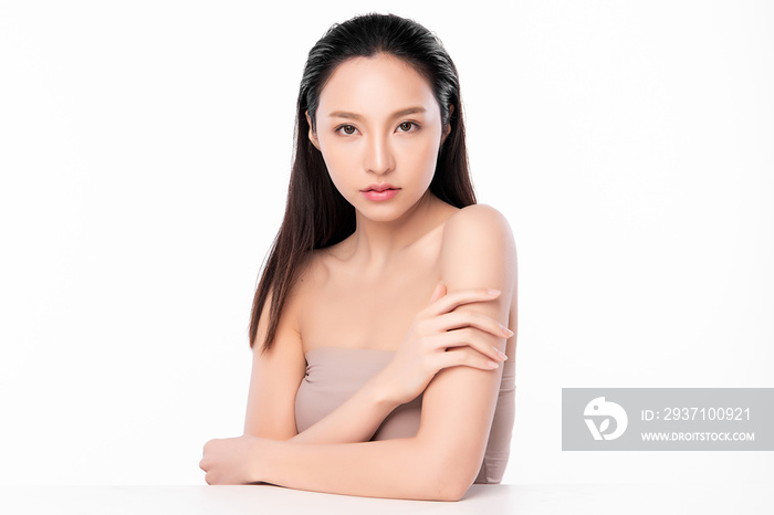 Beautiful Young Woman with Clean Fresh Skin, on white background, Face care, Facial treatment. Cosme