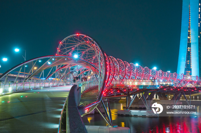 Helix bridge at night in Singapore