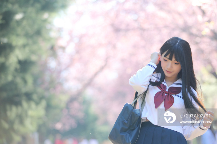 日本女学生连衣裙配樱花自然步道