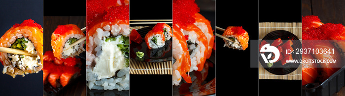 Sushi collage. A variety of sushi. Delicious assortment. popular Japanese food.