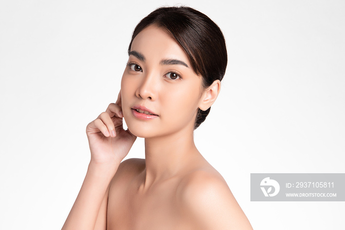 Beautiful young asian woman with clean fresh skin on white background, Face care, Facial treatment, 