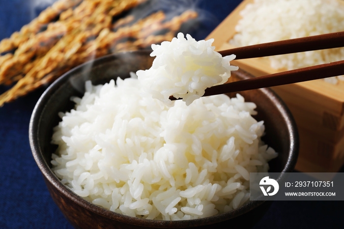 白米を箸で持ち上げる　Japanese white rice