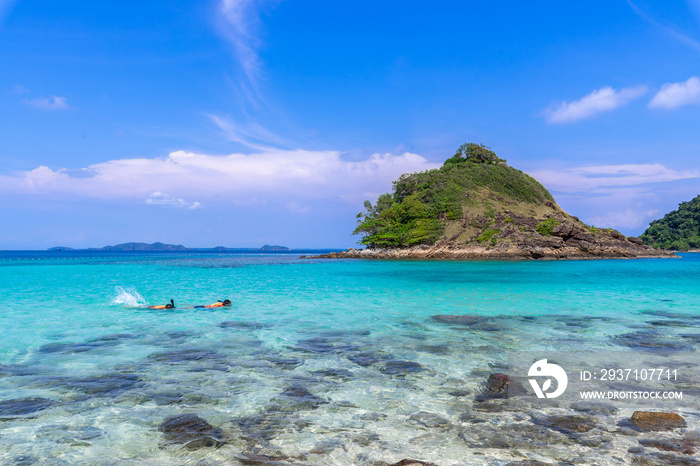 beautiful beach view Koh Chang island seascape at Trad province Eastern of Thailand on blue sky back