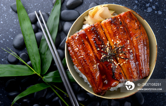 Japanese eel grilled with rice or Unagi don.