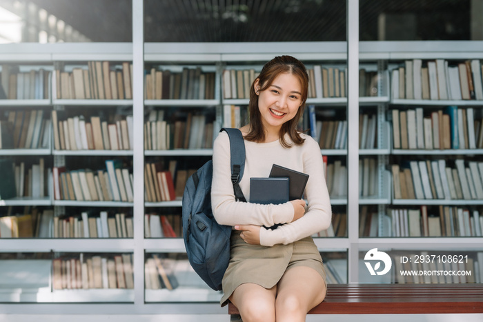 年轻的亚洲女学生坐在那里拿着书看着相机。图书馆背景