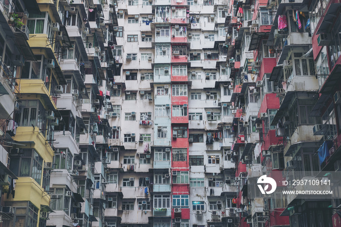 Low angle view image of a crowded residential building in community in Quarry Bay, Hong Kong