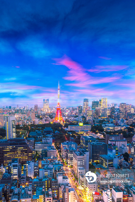 东京的城市景观，办公楼、市中心和minat街道的城市摩天大楼鸟瞰图