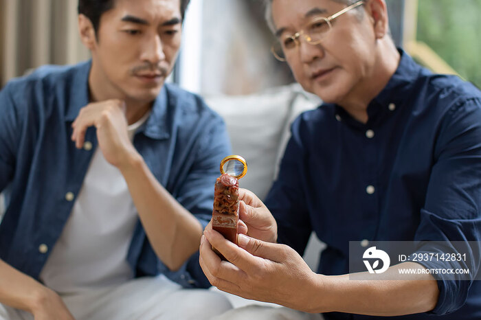 中年男子和父亲在家里鉴定古董