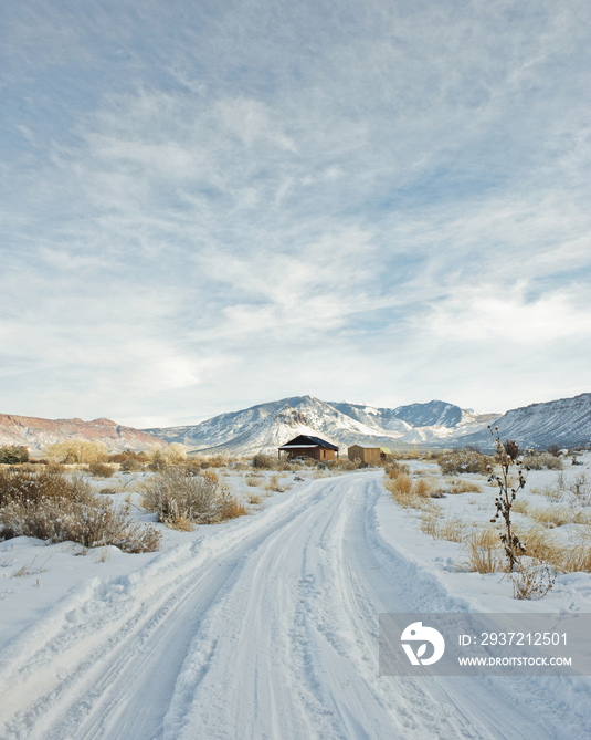 Snowy Trail Leading to a Remote House