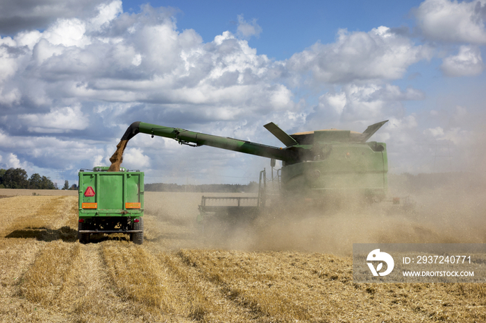 Dust rising Grain shute with a flow of grain into a trailer