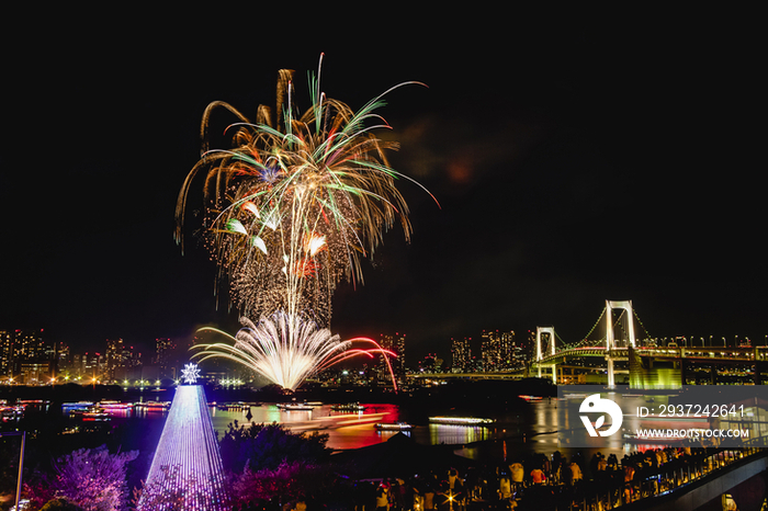 Fireworks over Tokyo bay at night in Japan