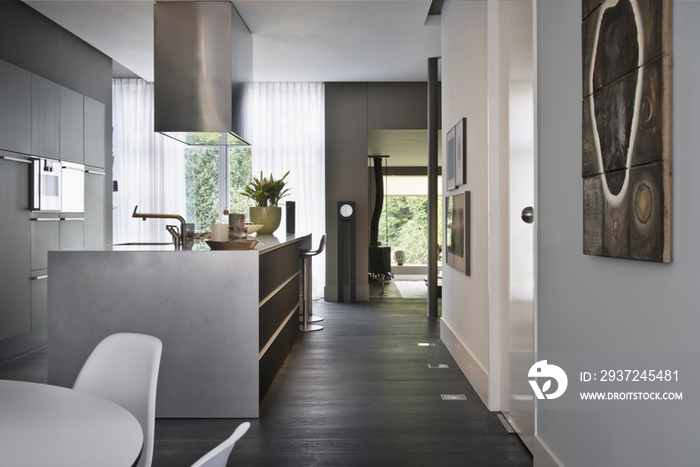 Modern kitchen island and hallway in the house