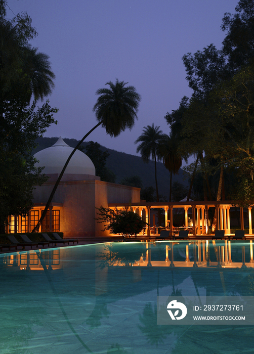 View of the main pool at Amanbagh at nightJaipur, India
