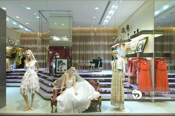 Wedding dress on display in clothing store