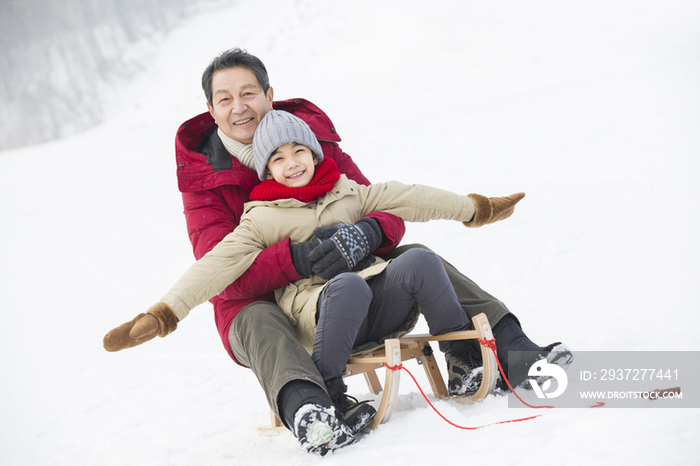 爷孙俩乘雪橇滑雪