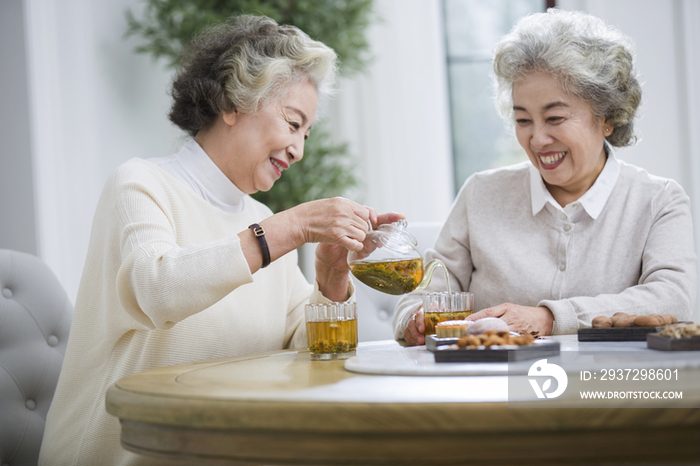 快乐的老年女子喝茶聊天