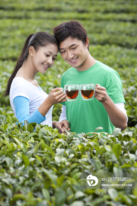 青年男女在茶园喝茶