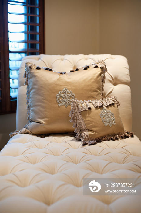 Close-up of throw pillows on chaise lounge at home; Scottsdale; USA