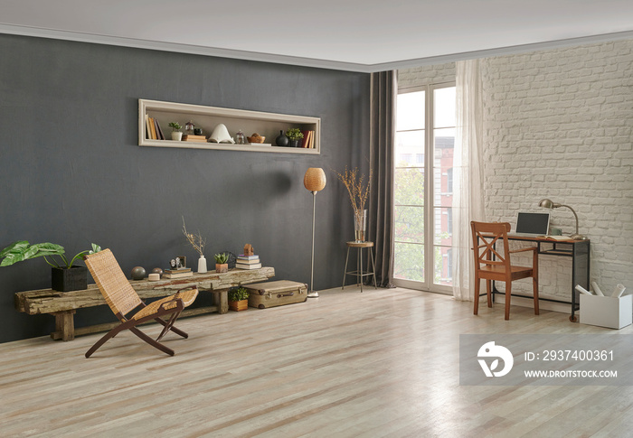 Grey stone wall and niche interior room, wooden bench and working table, wicker chair style, orange 