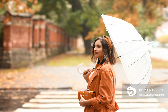 Woman with umbrella and stylish handbag near zebra