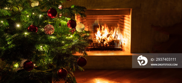 燃烧的壁炉背景上的圣诞树特写