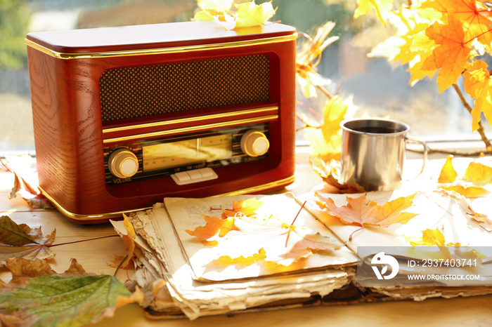 带复古收音机和窗台上秋叶的旧开卷