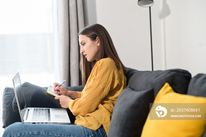 Focused young woman works with a laptop sitting on the couch at home, female student watching a webi