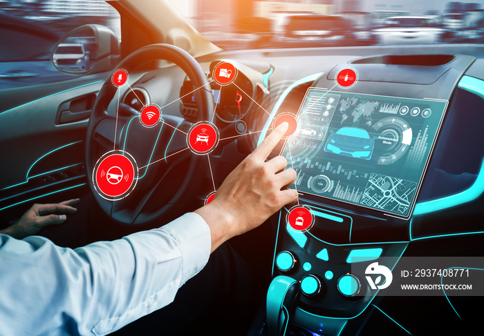 Driverless car interior with futuristic dashboard for autonomous control system . Inside view of coc