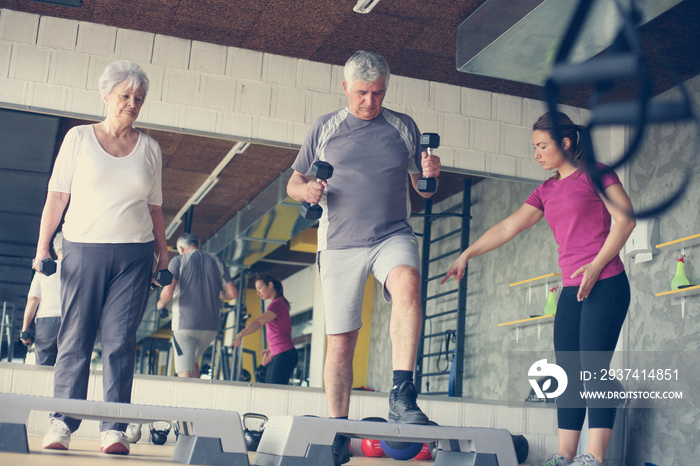 Personal trainer working exercise with senior couple. Workout in gym.