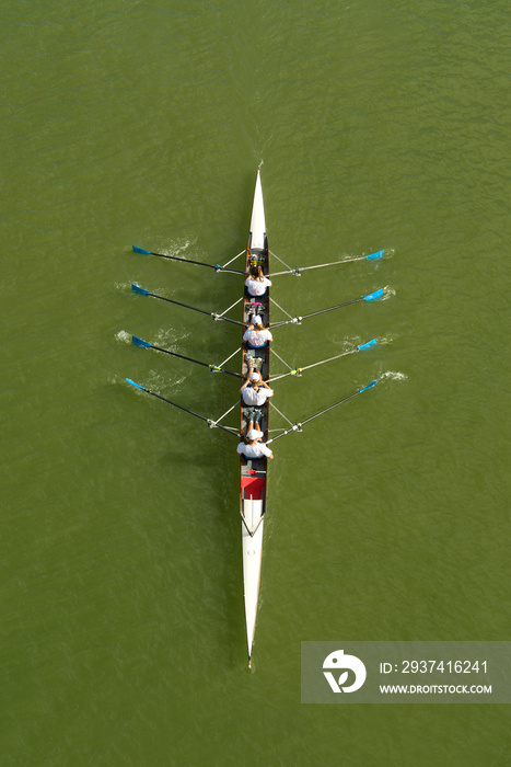 四名女子在多瑙河上划船