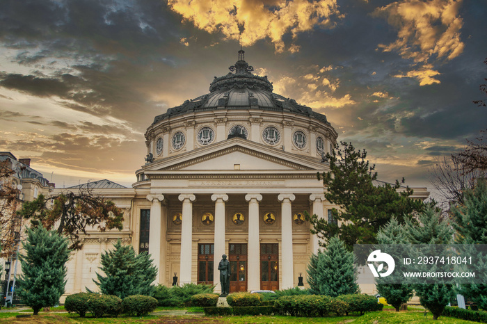 Romanian Atheneum, an important concert hall and a landmark in Bucharest, Romania. Sunset