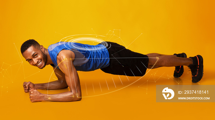 Fit African American man doing plank exercise on orange background, collage. Panorama