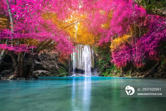 大自然的奇妙之美，五彩缤纷的秋季森林中的瀑布