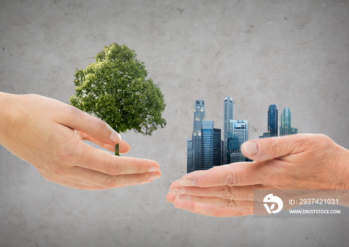 hands holding green oak tree and city buildings