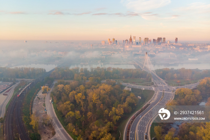 Warsaw city center at dawn aerial view