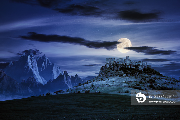 castle on the hill at night. composite fantasy landscape. grassy meadow in the foreground. rocky pea