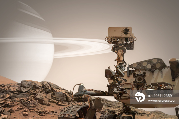 好奇号火星车探索这颗红色星球的表面。这张图片的元素由美国国家航空航天局提供。