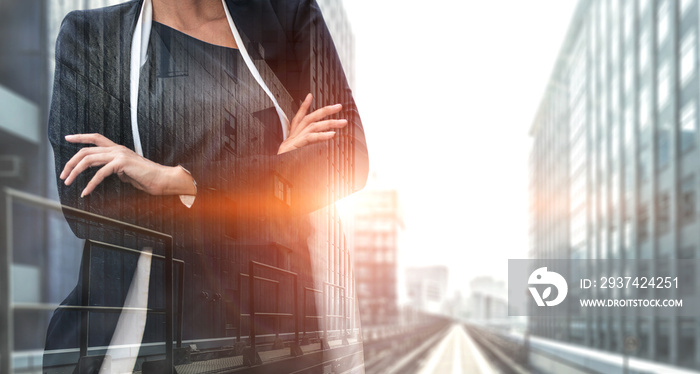 Double Exposure Image of Business Person on modern city background. Future business and communicatio