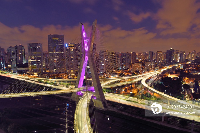 Estaiadas bridge night aerial view. São Paulo, Brazil. Business center. Financial Center. Great lan