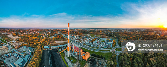 Heat Plant with Coal Fuel in Tarnow, Poland. Aerial Panoramic Drone View on Industrial Zone