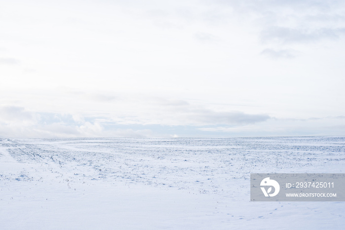 Panoramic view of the empty snow-covered country field at sunset. Evening clouds. Norway