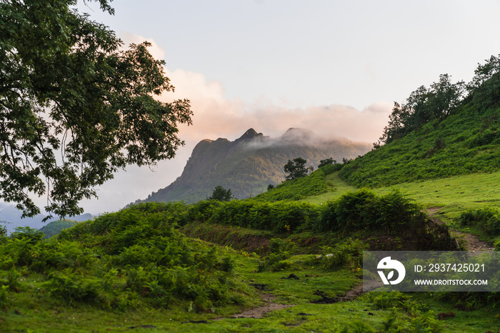 green landscape with mountains and trees under a cloudy sky in the basque country, spain.