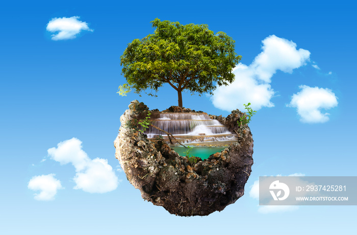 Fantasy floating island with waterfall