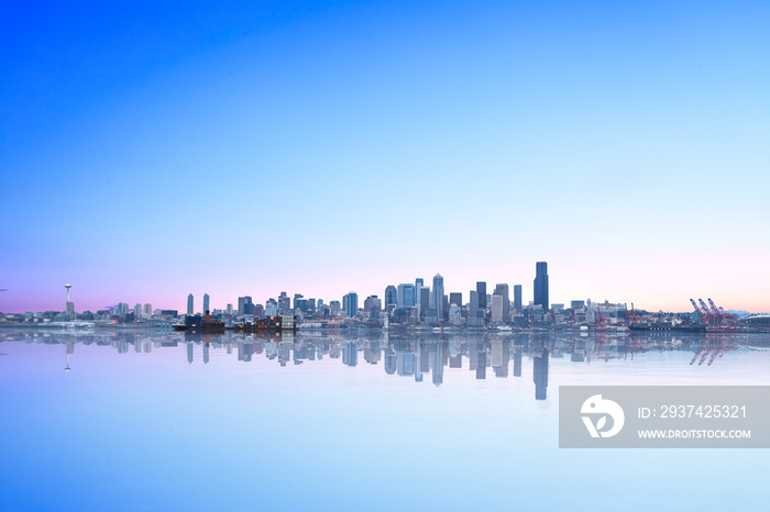 landscape of lake and cityscape of seattle in blue sky