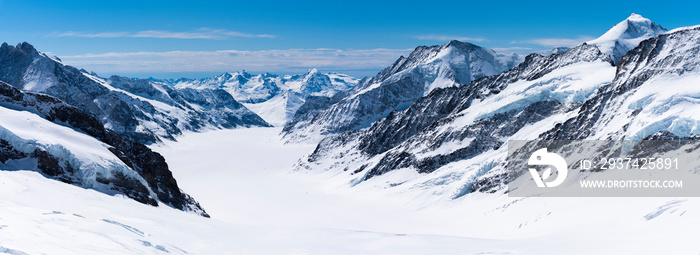 Aletsch Glacier/Fletsch Glacier. Panoramic view  part of Swiss Alps alpine snow mountains landscape 