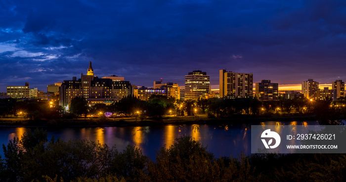 Saskatoon skyline along the Saskatchewan River  in Saskatoon, Saskatchewan