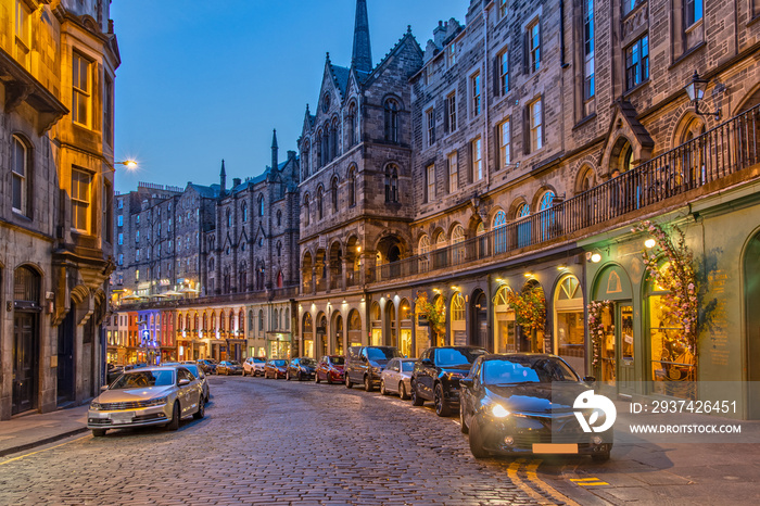 Colorful Victoria Street in Edinburgh Scotland at Night